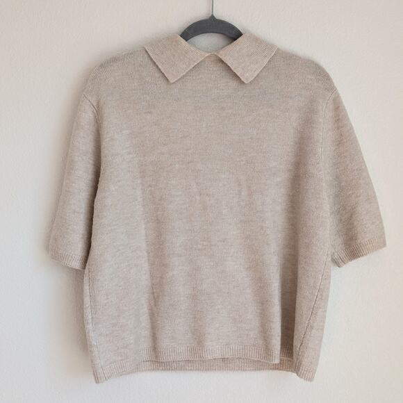 H&M Beige Wool Blend Rhinestone Flower Buttons Short Sleeve Sweater, size S - Picture 2 of 8